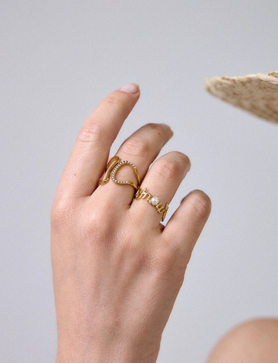 Bague double ovale perlé en acier inoxydable