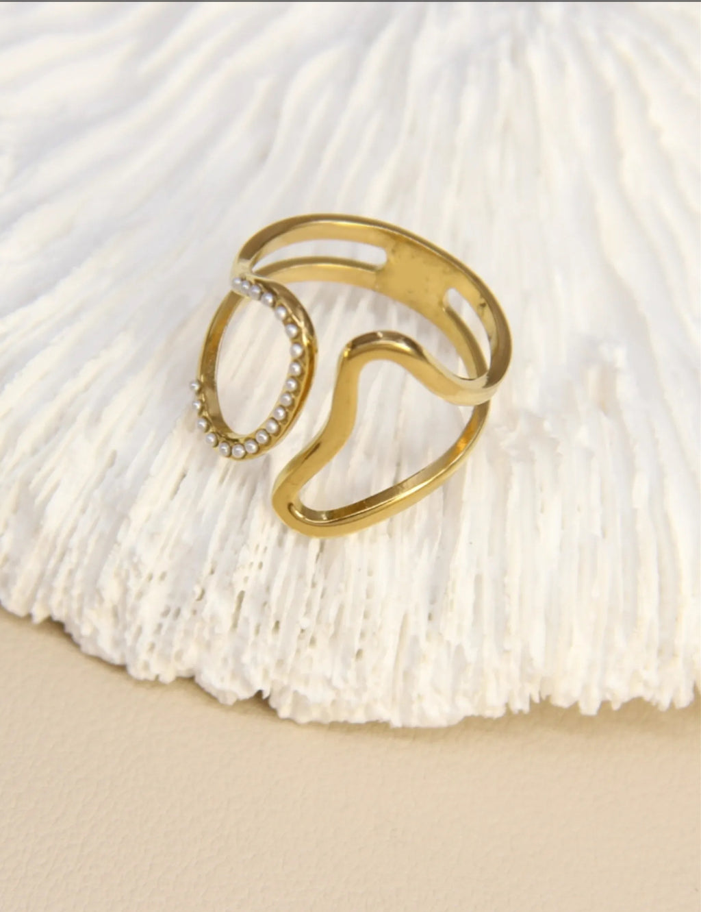 Bague double ovale perlé en acier inoxydable