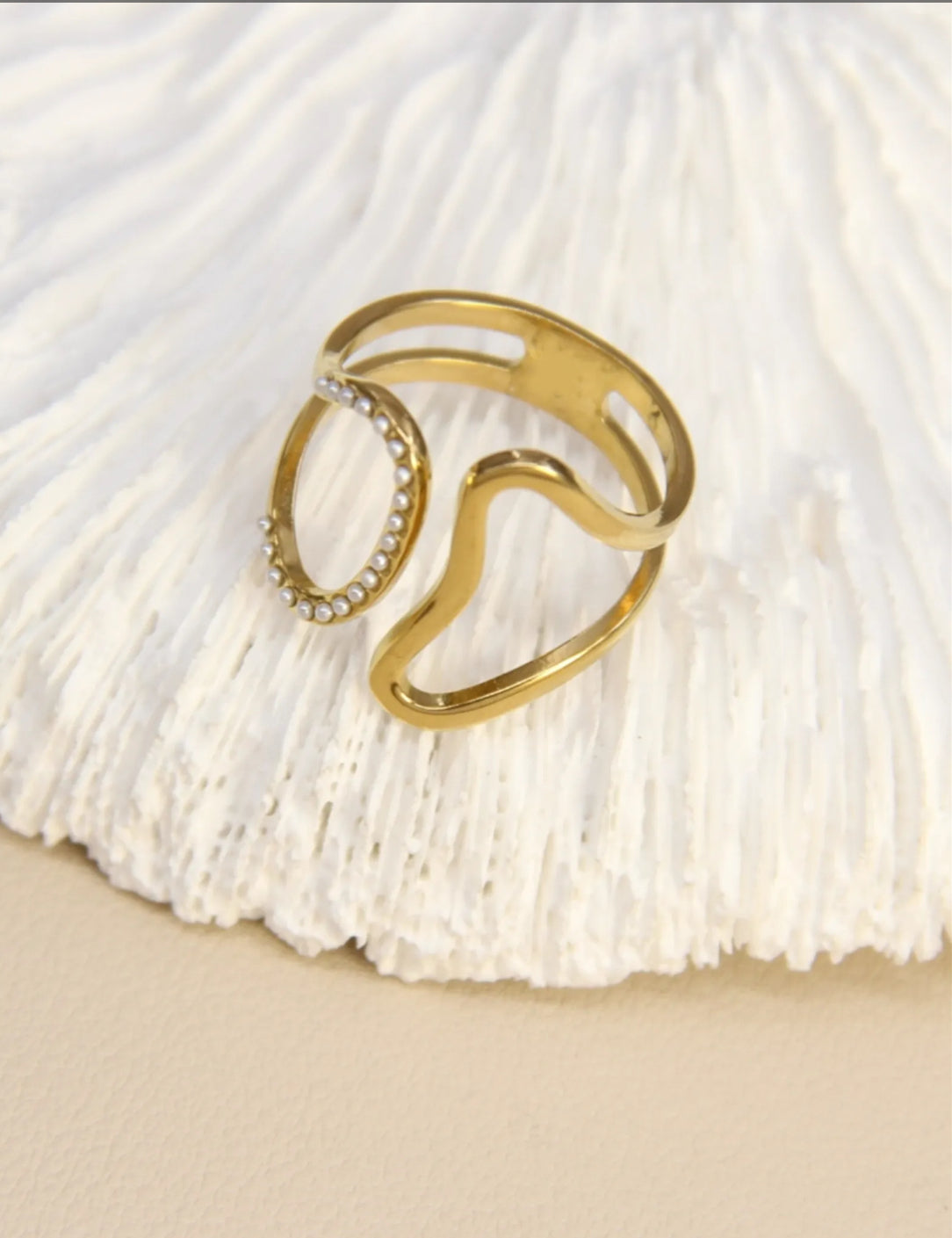 Bague double ovale perlé en acier inoxydable