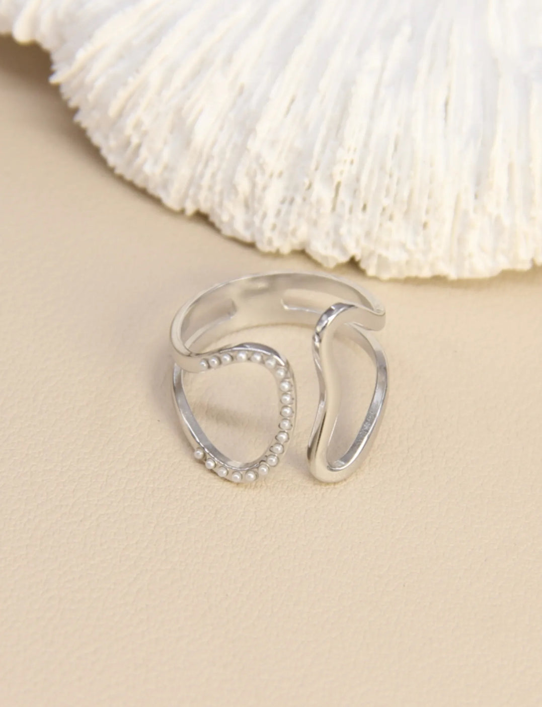 Bague double ovale perlé en acier inoxydable
